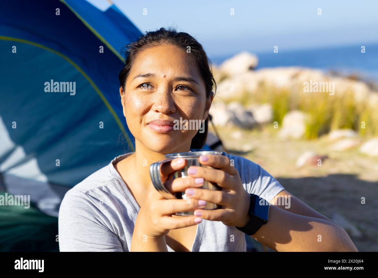 Happy female hiker ready hi-res stock photography and images - Alamy