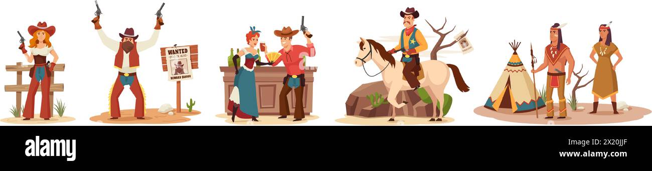 Cartoon wild west. Sheriff and cowgirl characters, wanted outlaw, saloon scene and Native Americans vector illustration set of cowgirl character and c Stock Vector