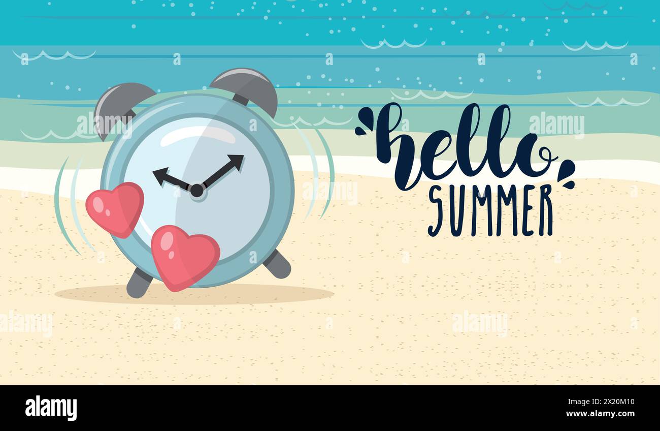 Beach banner with a clock and hello summer text. Vector illustration Stock Vector