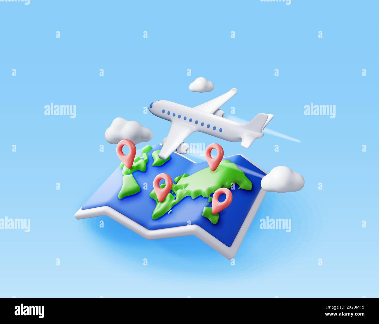 3D airplane in clouds and paper map Stock Vector