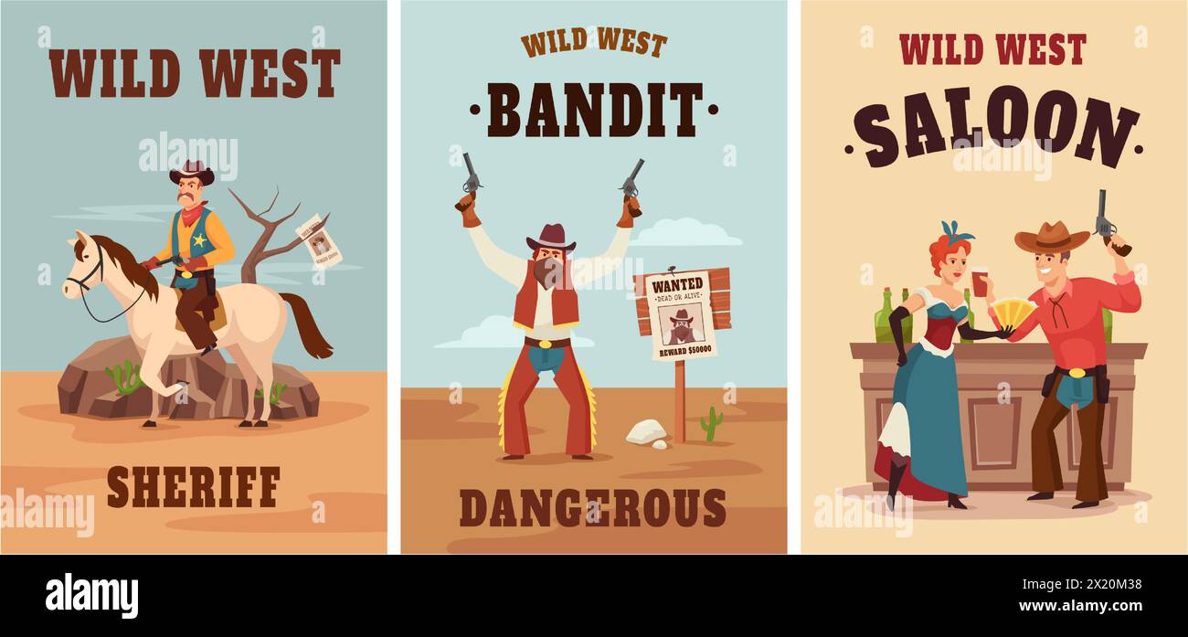 Wild west posters. Sheriff adventure, dangerous wanted bandit and saloon scene vector illustration set of cowboy sheriff adventure, wild vintage ameri Stock Vector