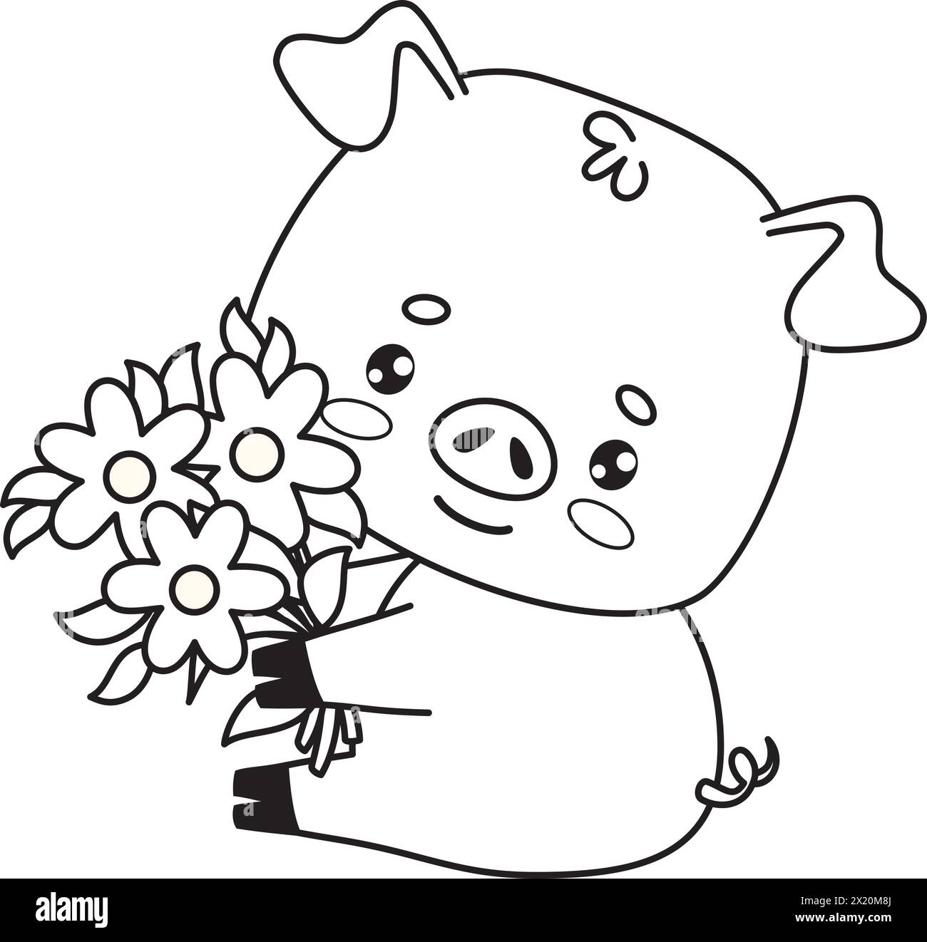 Cute pig with bouquet of flowers. Vector illustration. Happy outline animal cartoon character. Line coloring drawing. Vector illustration. Kids collec Stock Vector