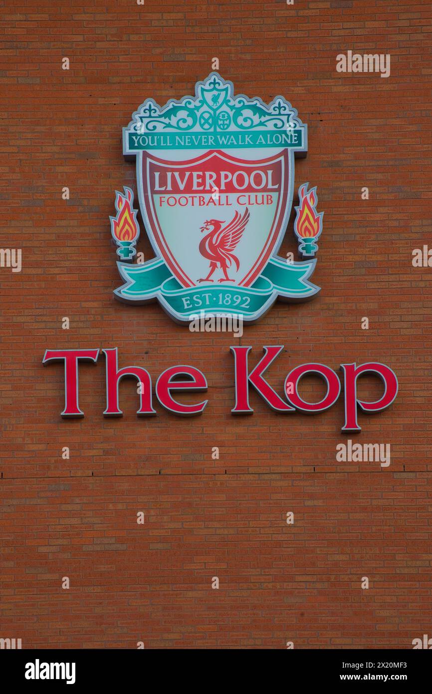 England, Liverpool - December 29, 2023: Club crest at the Kop in Anfield. Stock Photo