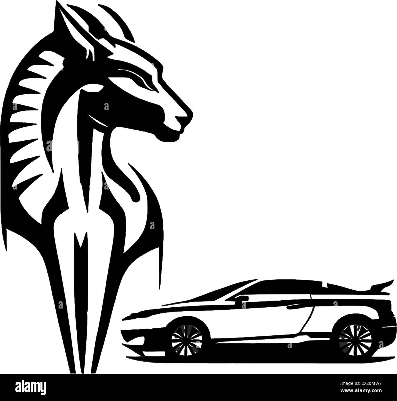 Vector illustration of horse and car in black silhouette against a