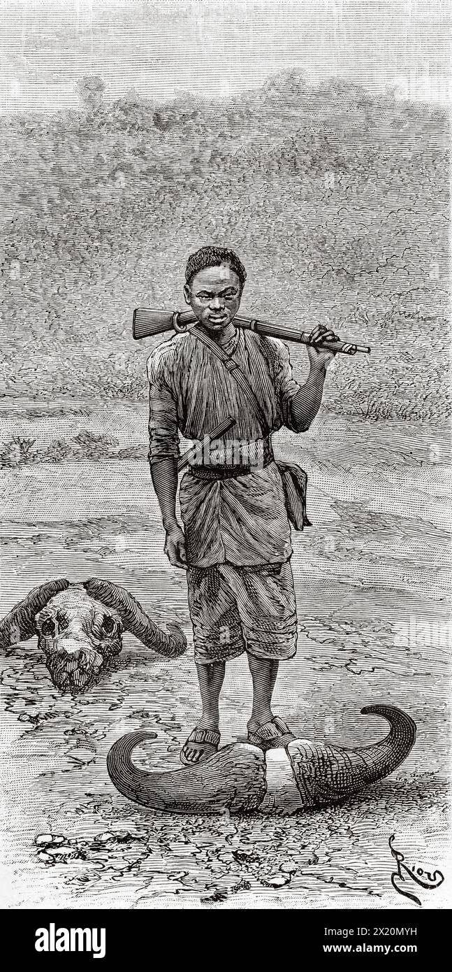Hassani Bogo the hunter, Tanzania, East Africa. Drawing by Edouard Riou (1833 - 1900) The lakes of equatorial Africa, exploration voyage 1883-1885 by Victor Giraud (1858-1898) Le Tour du Monde 1886 Stock Photo