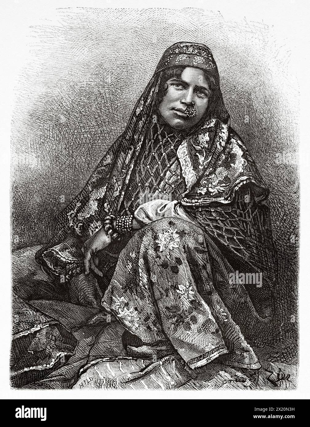 Native woman from Dezful dressed in traditional costume, Iran. Middle East. Drawing by Edouard Zier (1856 - 1924) Persia, Chaldea and Susiana 1881-1882 by Jane Dieulafoy (1851 - 1916) Le Tour du Monde 1886 Stock Photo