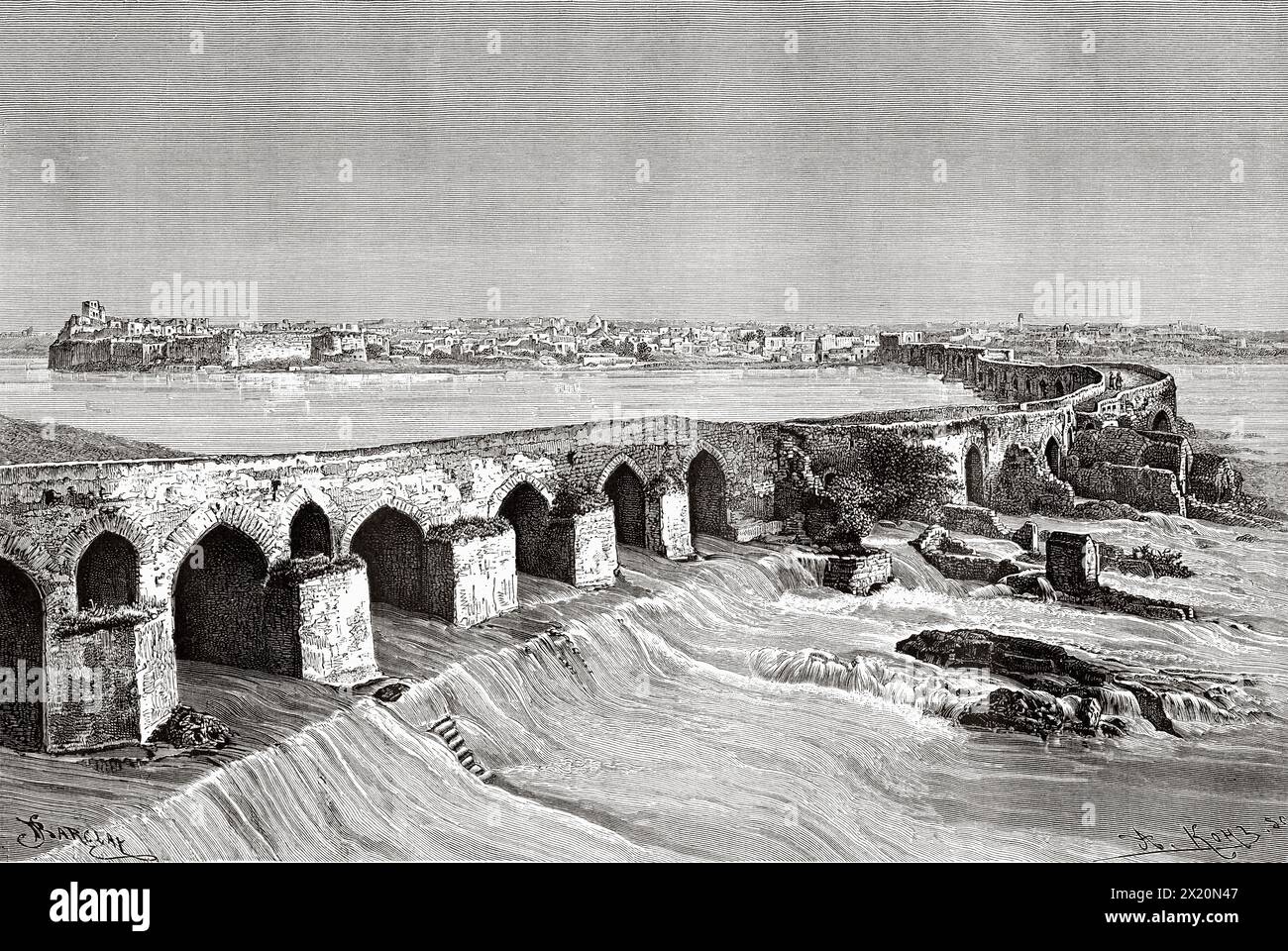 The Band-e Kaisar. Bridge of Valerian or Shadirwan was an ancient arch bridge in the city of Shushtar. Built by the Sassanids, using Roman prisoners of war as workforce, in the 3rd century AD on Sassanid order, Khuzestan province, Iran. Middle East. Drawing by Barclay. Persia, Chaldea and Susiana 1881-1882 by Jane Dieulafoy (1851 - 1916) Le Tour du Monde 1886 Stock Photo