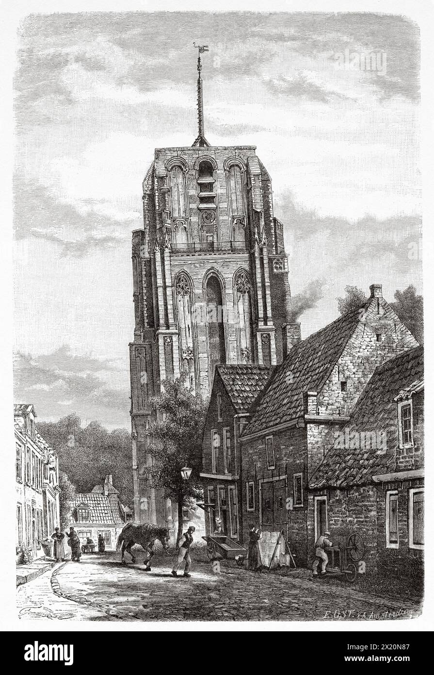 The Oldehove is a leaning and unfinished church tower in the medieval centre of the Dutch city of Leeuwarden, Friesland, The Netherlands, Europe. Friesland, Dutch newspaper De Aarde en Haar volken, 1883. Le Tour du Monde 1886 Stock Photo