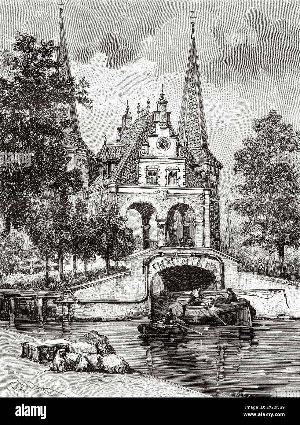 Sneek watergate, Friesland, The Netherlands, Europe. Friesland, Dutch newspaper De Aarde en Haar volken, 1883. Le Tour du Monde 1886 Stock Photo