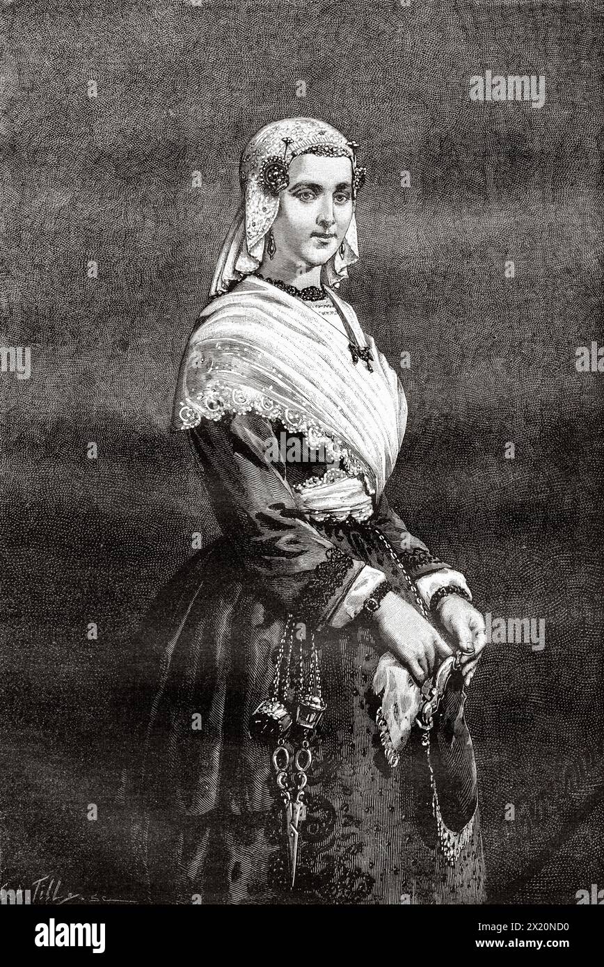 Portrait of a Friesian woman in national dress, from a painting by Otto Eerelman (1839 -  1926) Friesland, The Netherlands, Europe. Friesland, Dutch newspaper De Aarde en Haar volken, 1883. Le Tour du Monde 1886 Stock Photo