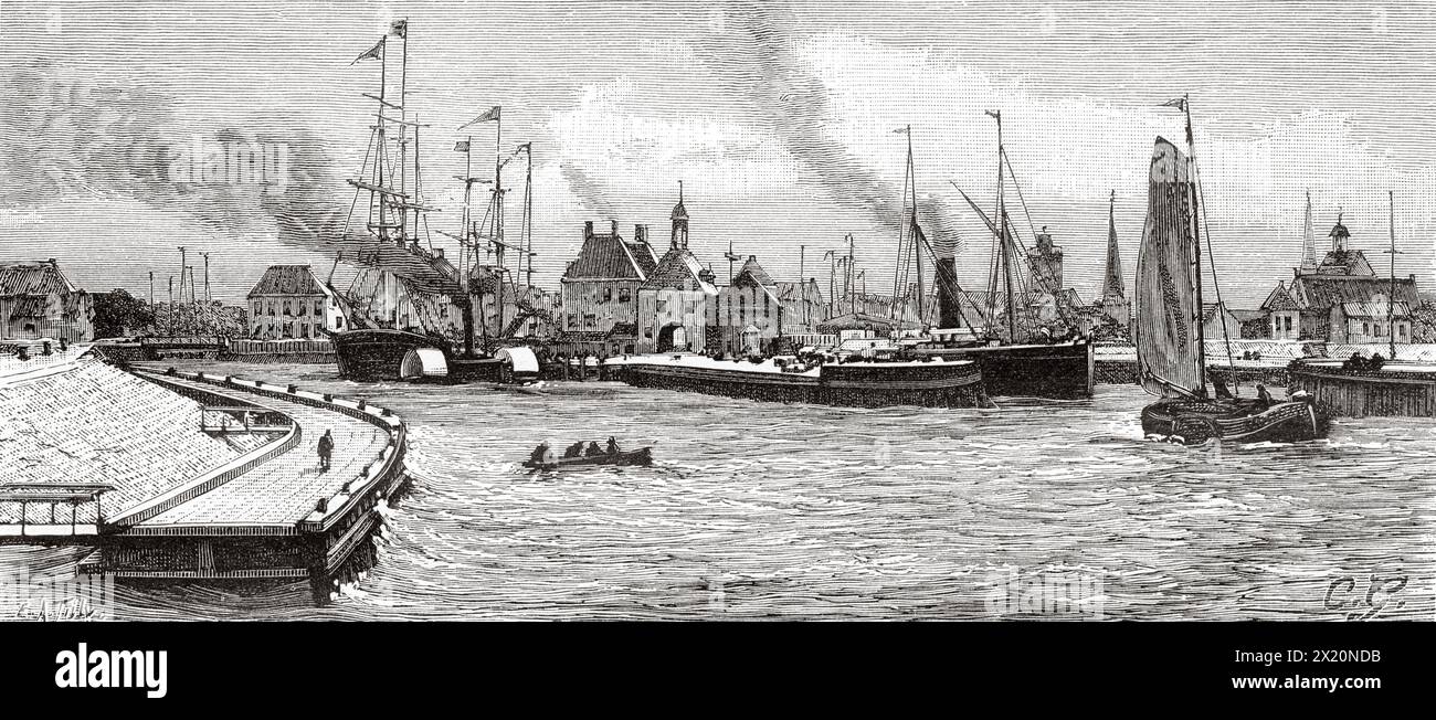 Harbor of Harlingen, Friesland, The Netherlands, Europe. Friesland, Dutch newspaper De Aarde en Haar volken, 1883. Le Tour du Monde 1886 Stock Photo