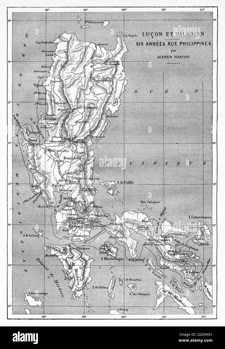 Old Map of the Philippines, South Asia. Luzon and Palawan, six years of travel in the Philippines by Alfred Marche (1844-1898) Le Tour du Monde 1886 Stock Photo