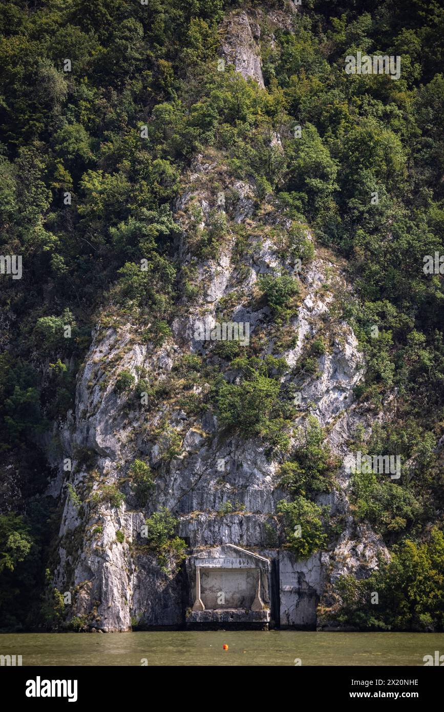 The Roman memorial plaque “Tabula Traiana” on the Serbian side of the Iron Gate Gorge of the Danube, Drobeta Turnu-Severin, Mehedinți, Romania, Europe Stock Photo