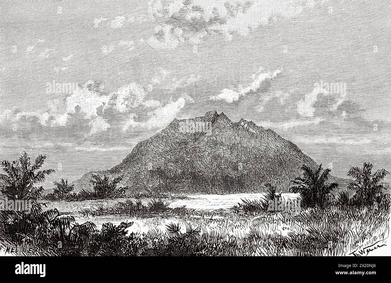 Mount Arayat is a potentially active stratum volcano on the island of Luzon, Philippines, South Asia. Drawing by Theodore Weber (1838 - 1907) Luzon and Palawan, six years of travel in the Philippines by Alfred Marche (1844-1898) Le Tour du Monde 1886 Stock Photo
