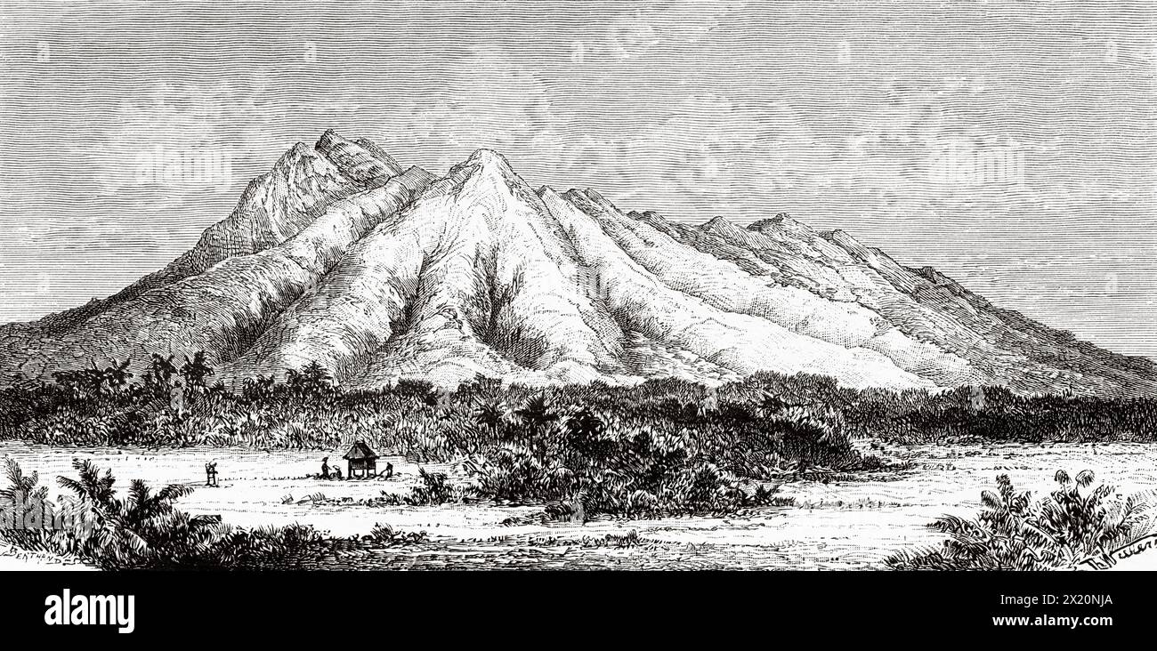Mount Makiling is an inactive stratovolcano located in the provinces of Laguna and Batangas on the island of Luzon, Philippines, South Asia. Drawing by Theodore Weber (1838 - 1907) Luzon and Palawan, six years of travel in the Philippines by Alfred Marche (1844-1898) Le Tour du Monde 1886 Stock Photo