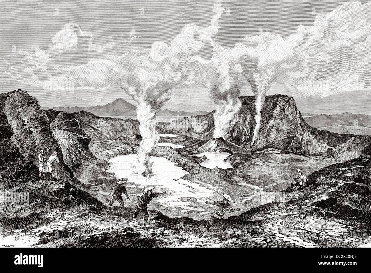 Taal Volcano is an active volcano located on the west coast of the island of Luzon, Philippines, South Asia. Drawing by Theodore Weber (1838 - 1907) Luzon and Palawan, six years of travel in the Philippines by Alfred Marche (1844-1898) Le Tour du Monde 1886 Stock Photo