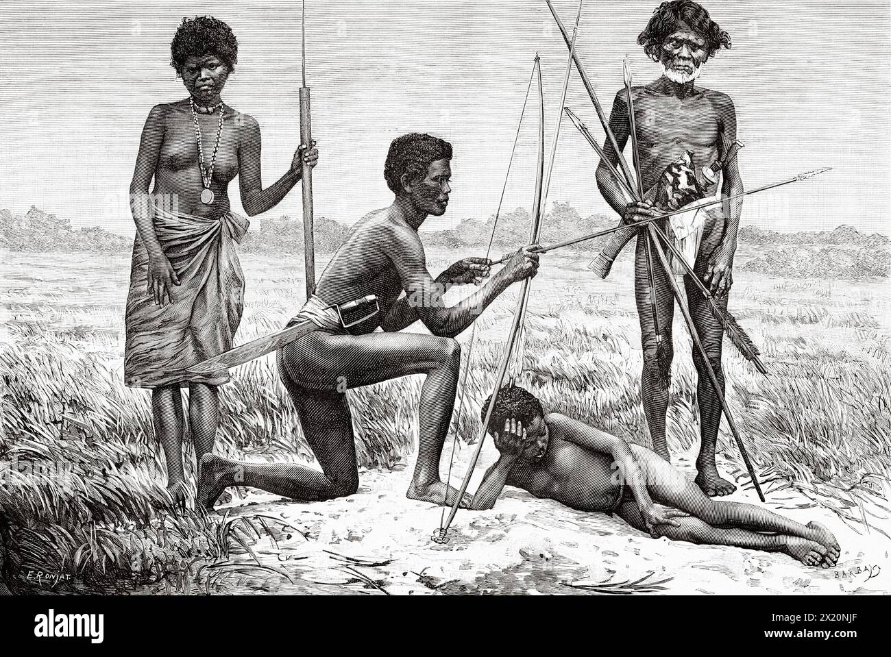 Negritos the original inhabitants, Philippines, South Asia. Drawing by Eugene Ronjat (1822 - 1912) Luzon and Palawan, six years of travel in the Philippines by Alfred Marche (1844-1898) Le Tour du Monde 1886 Stock Photo