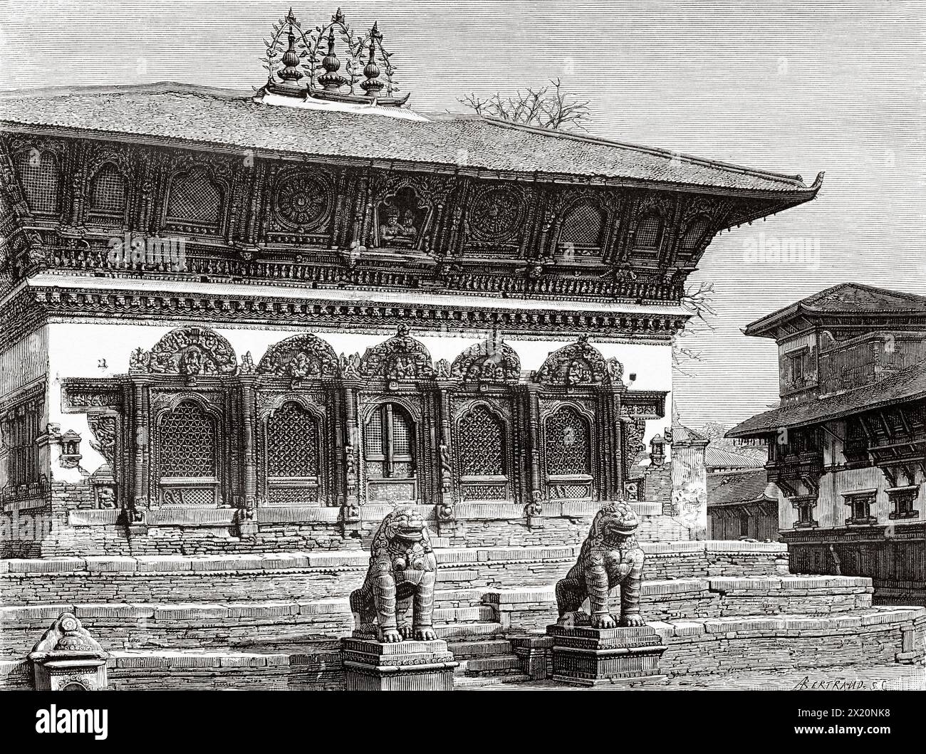 Lions stone statue of Shiva Parvati Temple at Durbar Square, Kathmandu. Nepal. Asia. Drawing by  Albert Bertrand (1854 - 1912) Travel to Nepal by Doctor Gustave Le Bon (1841-1931) Le Tour du Monde 1886 Stock Photo