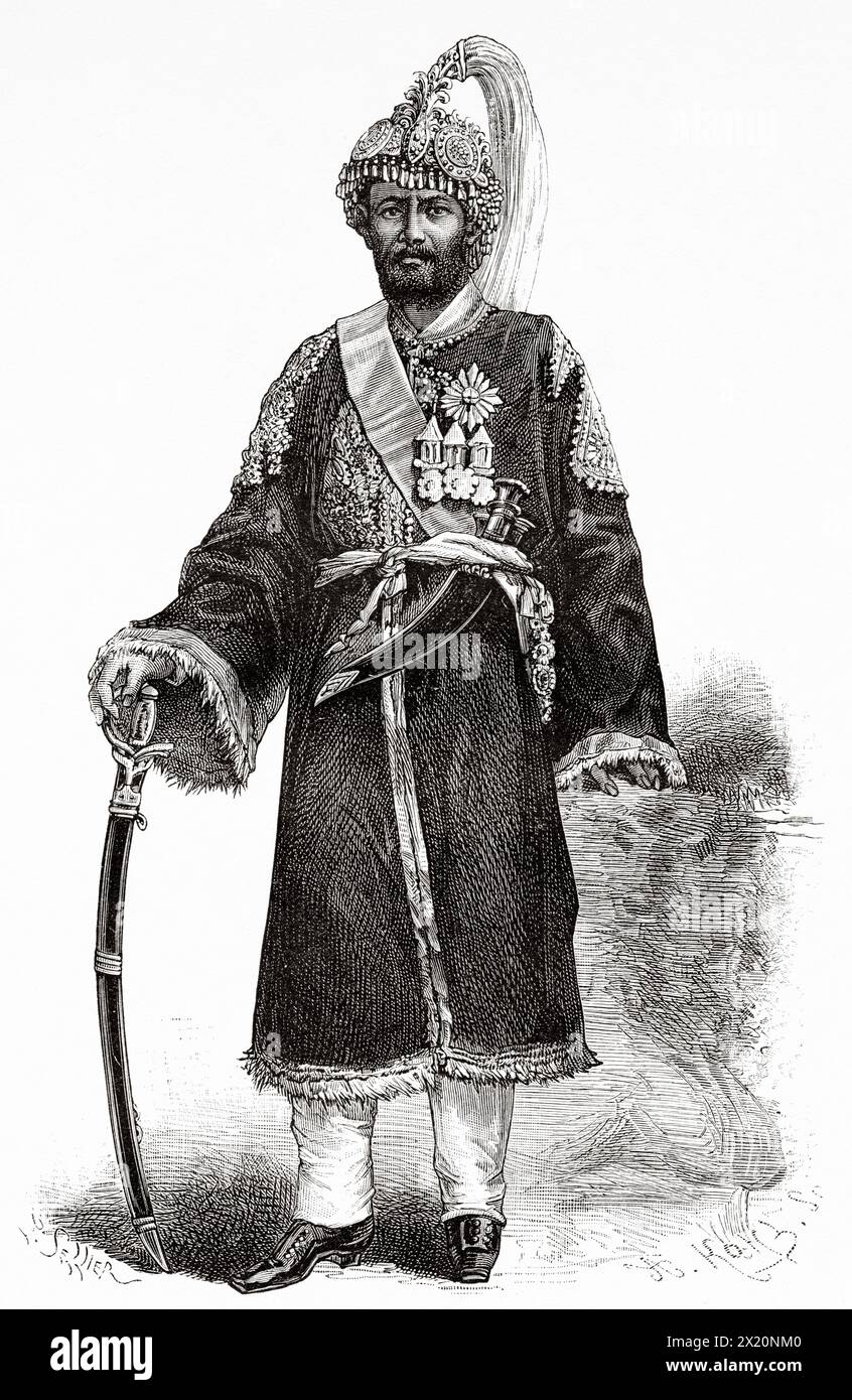 Jang Bahadur (1816-1877) Prime Minister of Nepa from 1846 to 1877. Nepal. Asia. Drawing by P. Sellier. Travel to Nepal by Doctor Gustave Le Bon (1841-1931) Le Tour du Monde 1886 Stock Photo