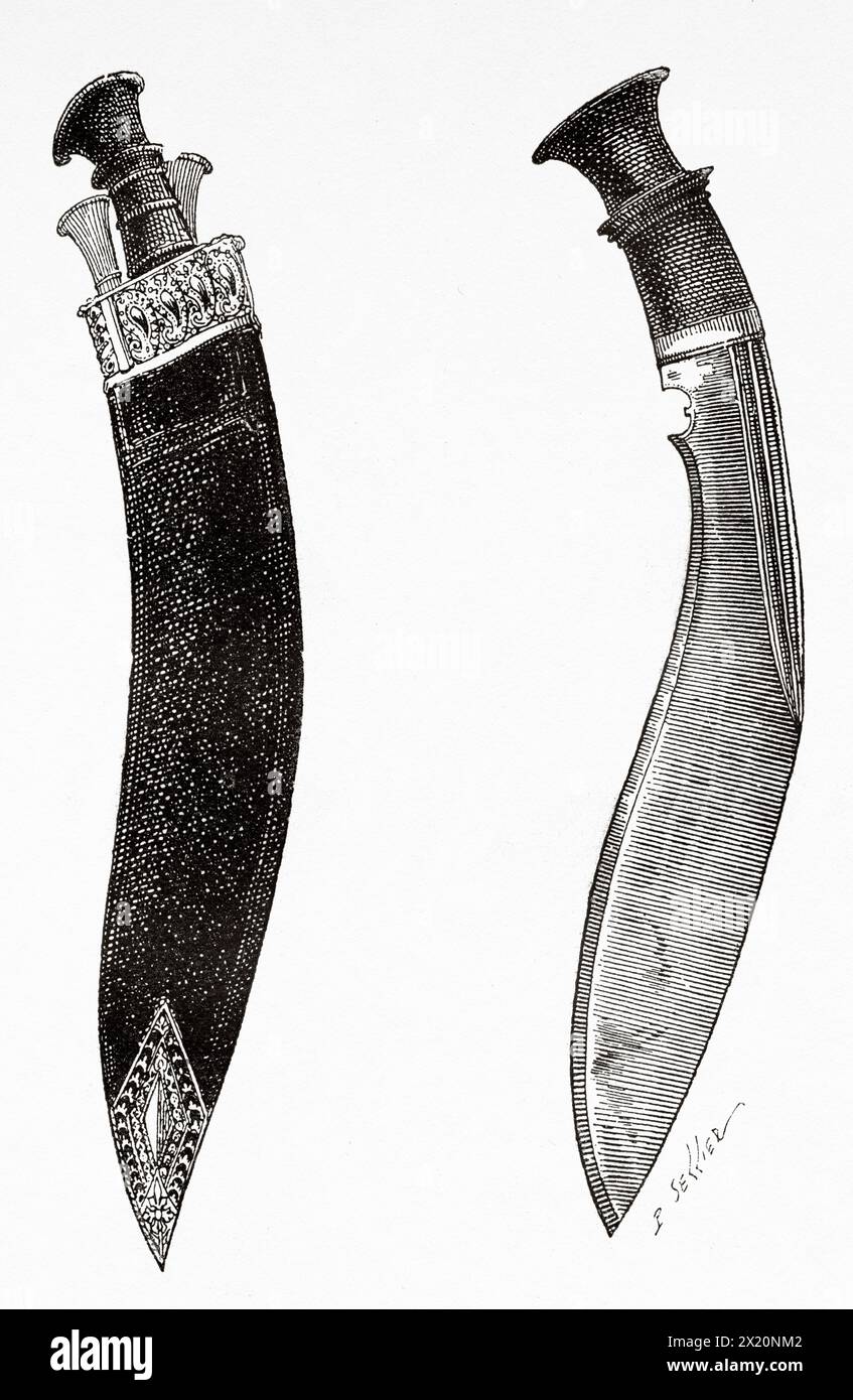 The kukri knife is a type of short sword with a recurved curve originating from the Indian subcontinent. Nepal. Asia. Drawing by P. Sellier. Travel to Nepal by Doctor Gustave Le Bon (1841-1931) Le Tour du Monde 1886 Stock Photo