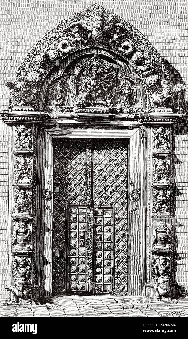 Lu Dhowka or the Golden Gate and the Palace of Fifty-five Windows, Durbar Square, Bhaktapur. Nepal. Asia. Drawing by Charles Barbant (1844 - 1921) Travel to Nepal by Doctor Gustave Le Bon (1841-1931) Le Tour du Monde 1886 Stock Photo