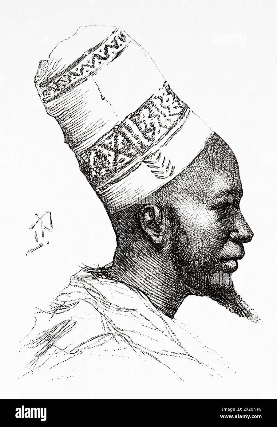 Portrait of Prince Mohammad Dinah Salifou Camara (1830 - 1897) was the last king of the Nalu people of Guinea. West Africa. Drawing by Ivan Pranishnikoff (1841 - 1909) Journey to the Baga and Rio Nunez countries 1884-1885 by Lieutenant Andre Coffinieres de Nordeck (1866 - 1908) Le Tour du Monde 1886 Stock Photo