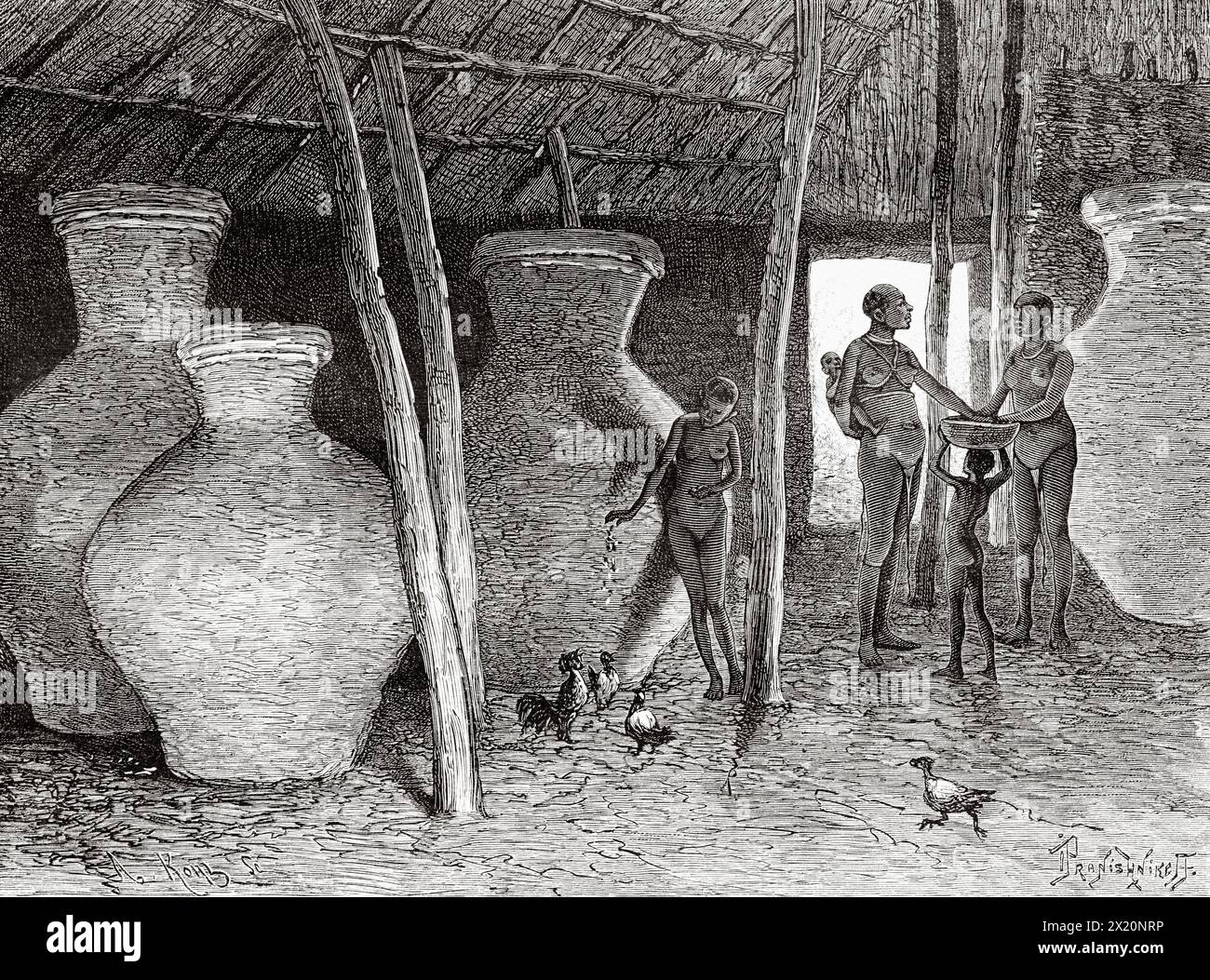 Interior of atraditional house in Petit Talibonche, Guinea. West Africa. Drawing by Ivan Pranishnikoff (1841 - 1909) Journey to the Baga and Rio Nunez countries 1884-1885 by Lieutenant Andre Coffinieres de Nordeck (1866 - 1908) Le Tour du Monde 1886 Stock Photo