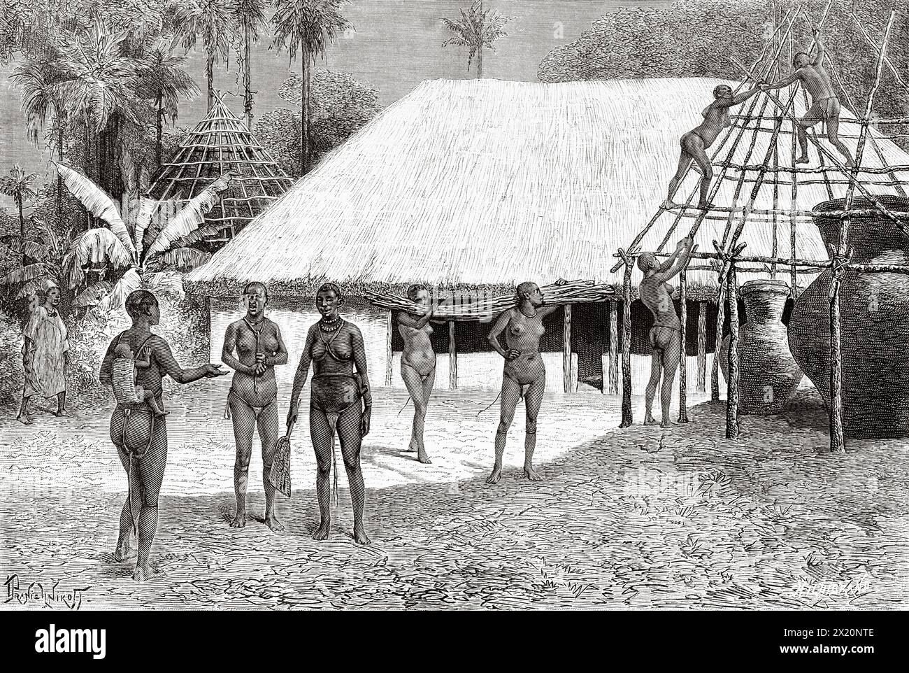 Women from the village of Coffin building a hut, Guinea. West Africa. Drawing by Ivan Pranishnikoff (1841 - 1909) Journey to the Baga and Rio Nunez countries 1884-1885 by Lieutenant Andre Coffinieres de Nordeck (1866 - 1908) Le Tour du Monde 1886 Stock Photo