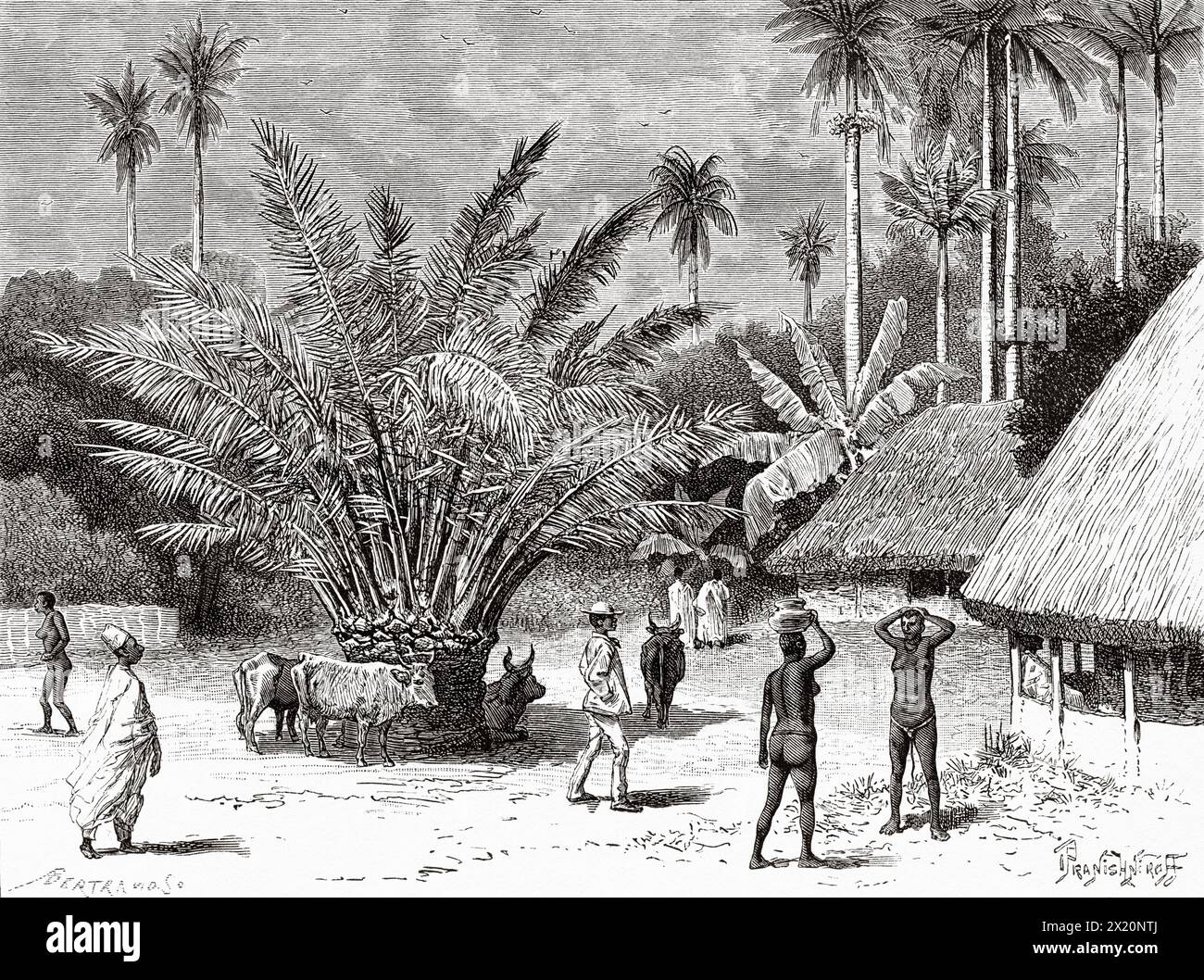 Square in the village of Taigbe, Guinea. West Africa. Drawing by Ivan Pranishnikoff (1841 - 1909) Journey to the Baga and Rio Nunez countries 1884-1885 by Lieutenant Andre Coffinieres de Nordeck (1866 - 1908) Le Tour du Monde 1886 Stock Photo