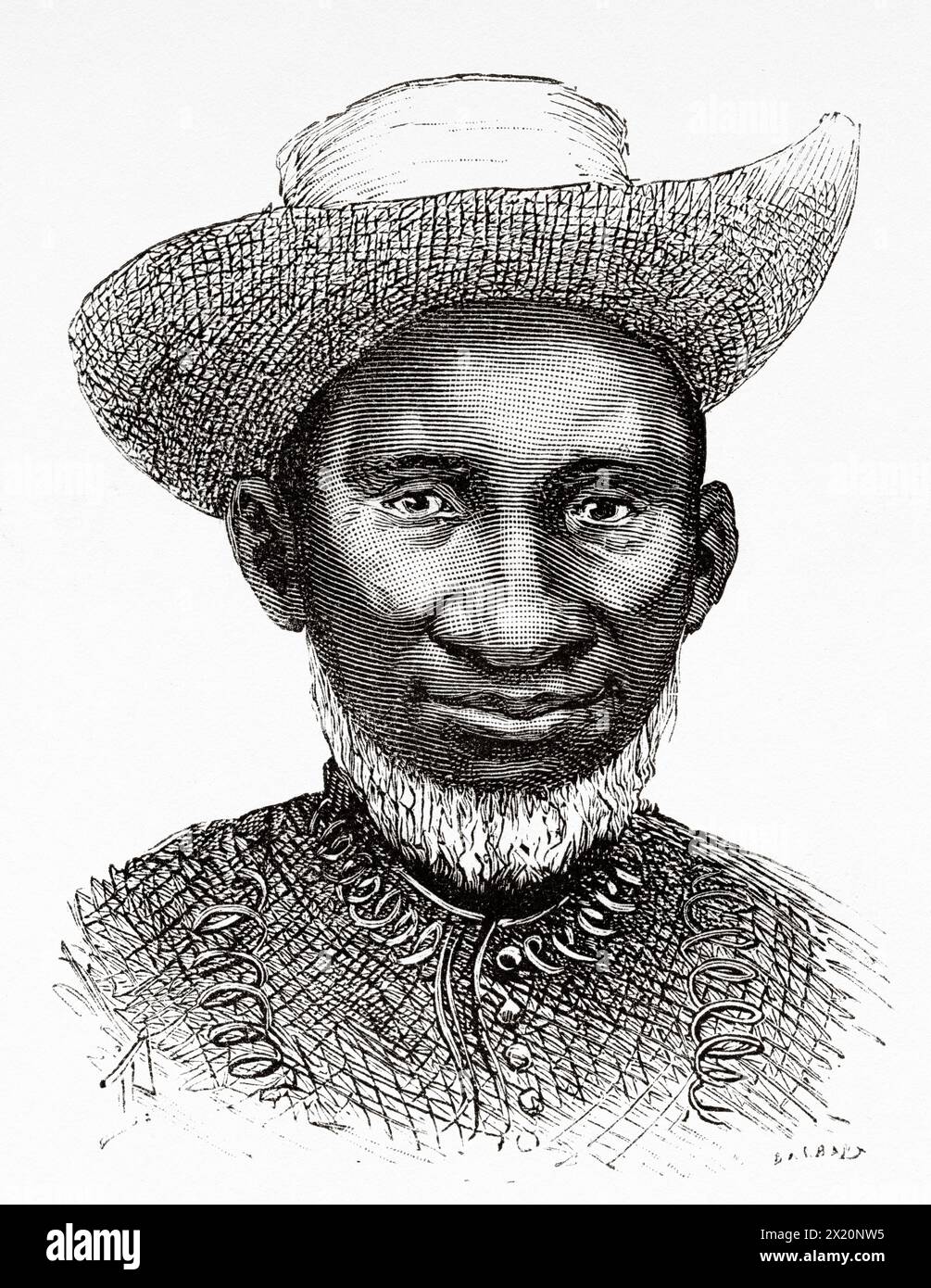 Portrait of Menga Sera, king of the Landoumans, Guinea. West Africa. Drawing by Ivan Pranishnikoff (1841 - 1909) Journey to the Baga and Rio Nunez countries 1884-1885 by Lieutenant Andre Coffinieres de Nordeck (1866 - 1908) Le Tour du Monde 1886 Stock Photo