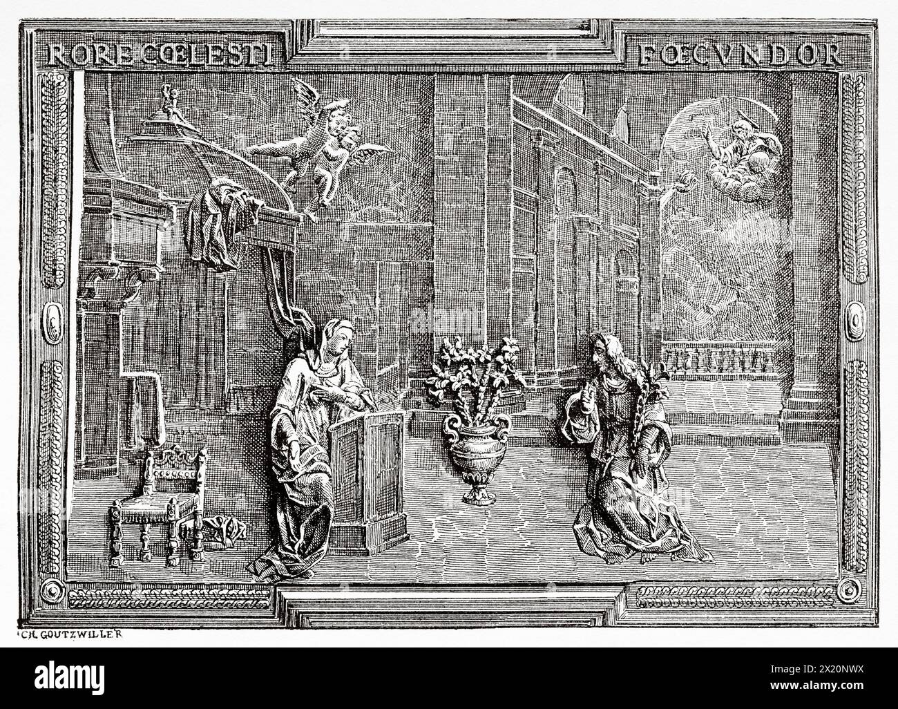 Annunciation of the Virgin Mary, bronze door of John Bologna, The Cathedral of Santa Maria Assunta in Piazza dei Miracoli, Pisa. Tuscany, Italy. Europe. Drawing by  Goutzwiller. Travel through Tuscany 1881 by Eugene Muntz (1845 - 1902) Le Tour du Monde 1886 Stock Photo