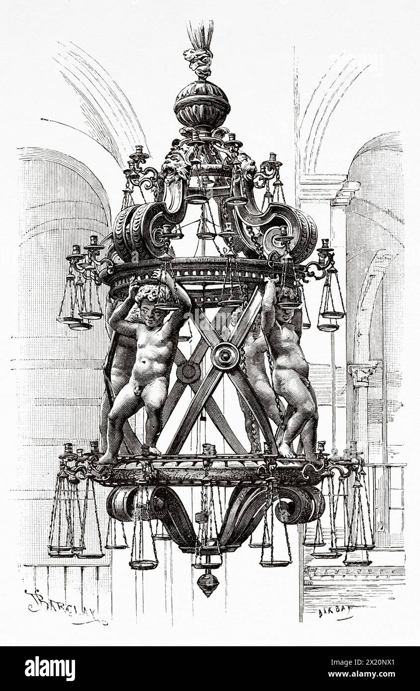 The bronze chandelier of the Cathedral of Santa Maria Assunta in Piazza dei Miracoli, Pisa. Tuscany, Italy. Europe. Drawing by  Goutzwiller. Travel through Tuscany 1881 by Edgar Barclay (1842 - 1913) Le Tour du Monde 1886 Stock Photo