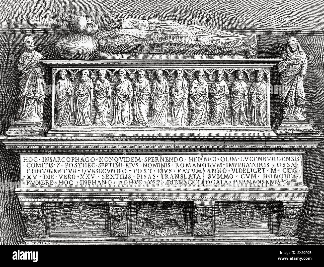 Tomb of Emperor Henry VII of Luxembourg in Camposanto, Cathedral of Santa Maria Assunta in Piazza dei Miracoli, Pisa. Tuscany, Italy. Europe. Drawing by  Matthis. Travel through Tuscany 1881 by Eugene Muntz (1845 - 1902) Le Tour du Monde 1886 Stock Photo