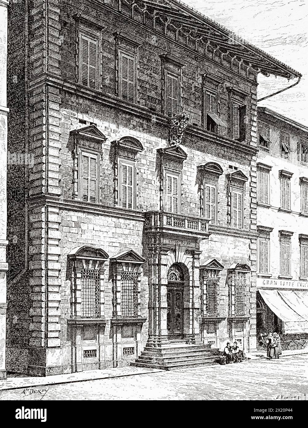 Lungarno Pacinoti. The Palazzo Lanfreducci. Palazzo Upezzinghi or Palazzo Alla Giornata is a late-Mannerist or early Baroque-style palace located on Lungarno Pacinotti on the north bank of the Arno river, Pisa. Tuscany, Italy. Europe. Drawing by Auguste Deroy (1823 - 1906) Travel through Tuscany 1881 by Eugene Muntz (1845 - 1902) Le Tour du Monde 1886 Stock Photo