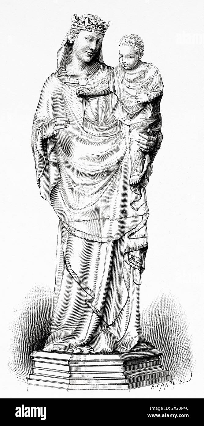 The Virgin with the Child. Nino Pisano marble sculpture, Pisa. Tuscany, Italy. Europe. Drawing by  Chapuis. Travel through Tuscany 1881 by Eugene Muntz (1845 - 1902) Le Tour du Monde 1886 Stock Photo