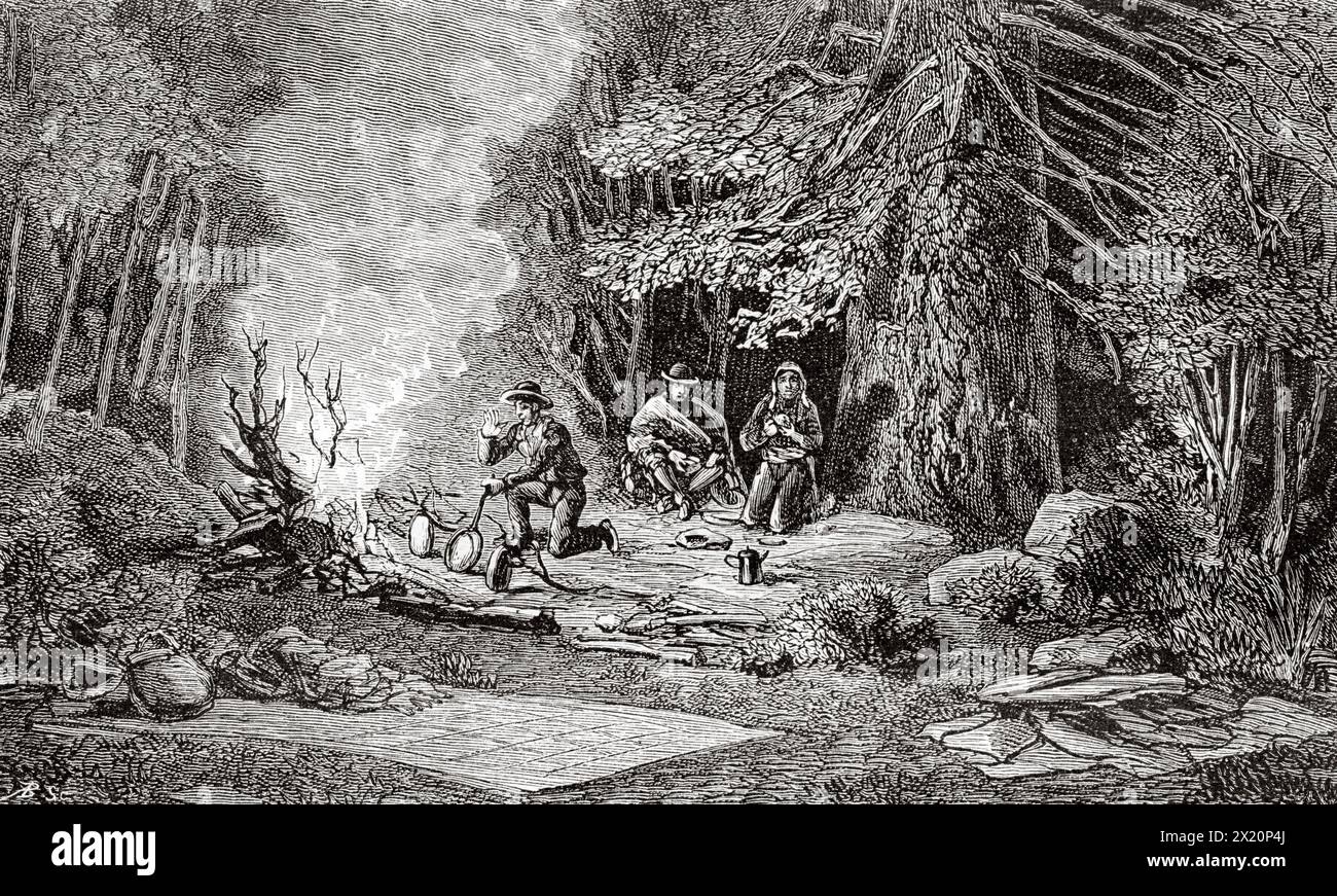 Dinner preparations in the Kaibab forest, Utah. United States. Drawing by  Albert Tissandier. Voyage of Exploration in Utah and Arizona, Kanab and the Kaibab Plateau in 1885. Le Tour du Monde 1886 Stock Photo