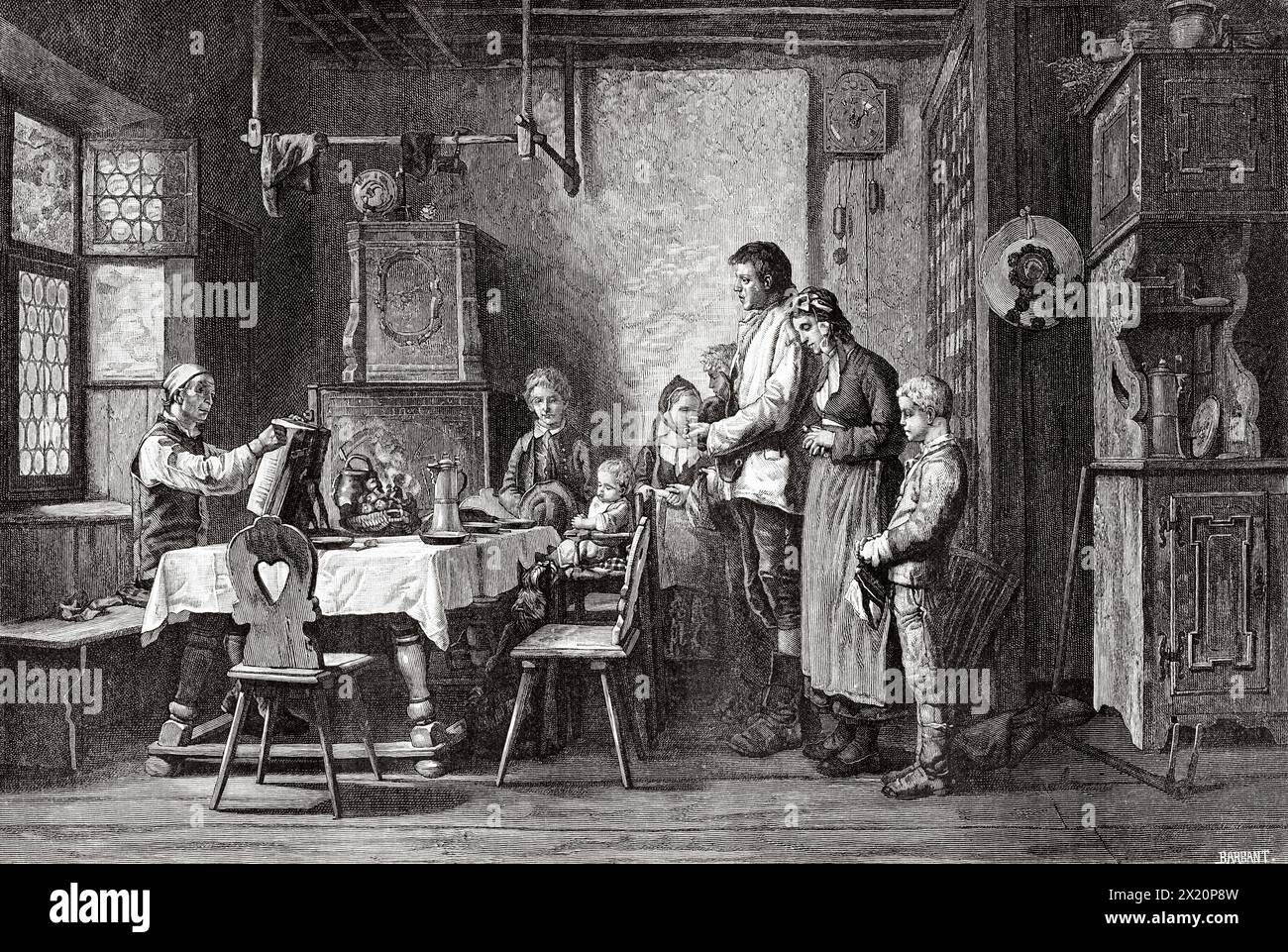 Traditional blessing of food, Ensisheim, Alsace, France. Drawing by Charles Barbant (1844 - 1921) Through Alsace and Lorraine, 1884 By Charles Grad (1842 - 1890) Le Tour du Monde 1886 Stock Photo