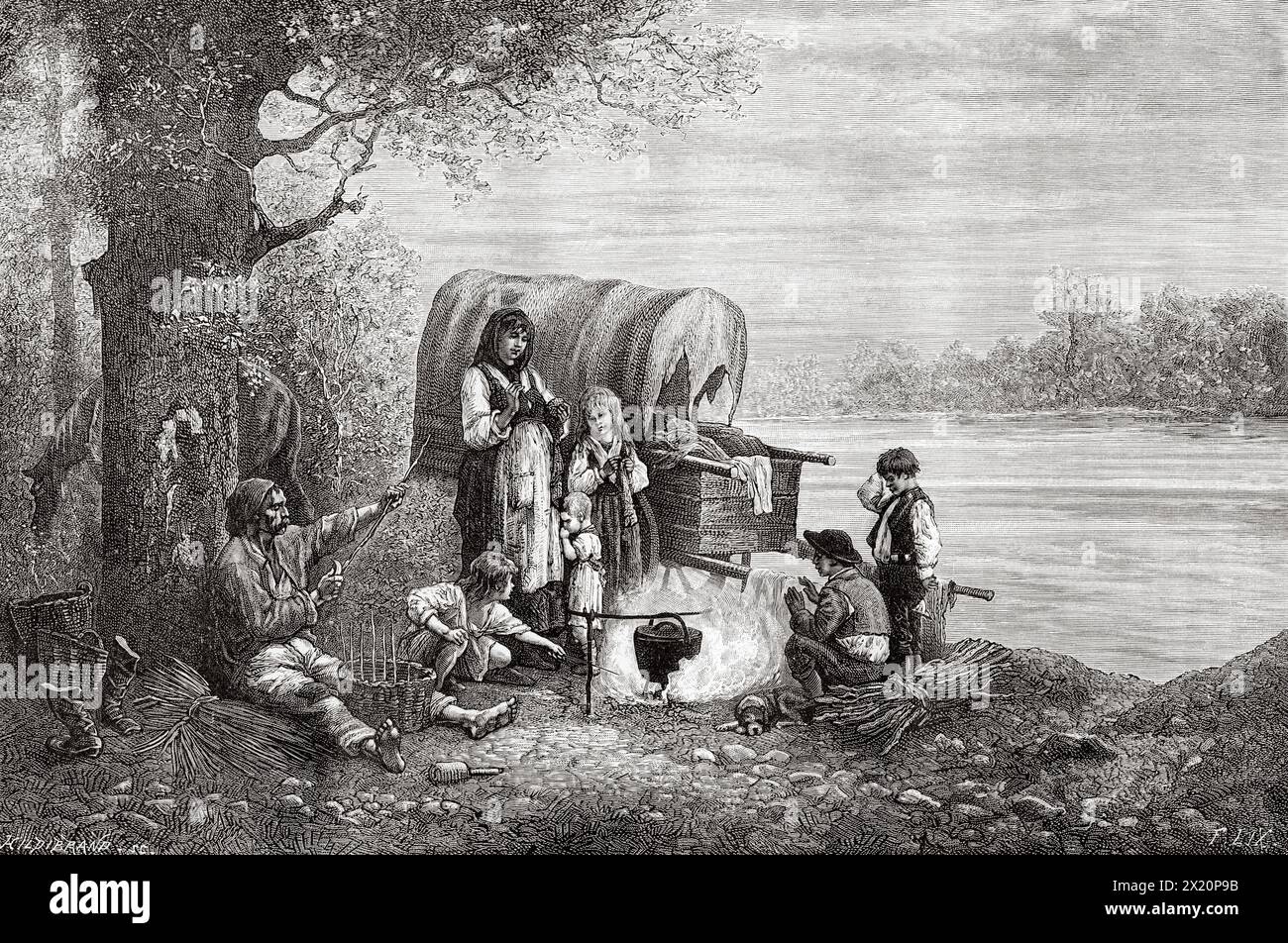 Family of basket makers on the banks of the Rhine River, Alsace, France. Drawing by  Frédéric Théodore LIX (1830 - 1897) Through Alsace and Lorraine, 1884 By Charles Grad (1842 - 1890) Le Tour du Monde 1886 Stock Photo