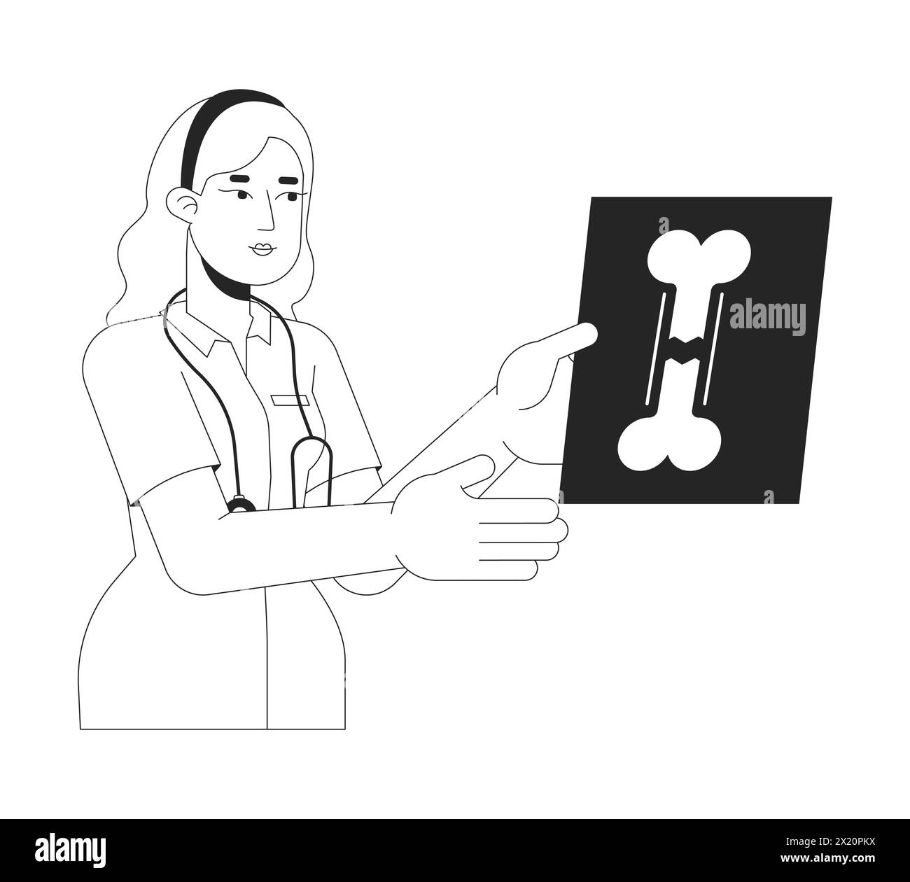 Female doctor holding x ray image black and white 2D line cartoon ...