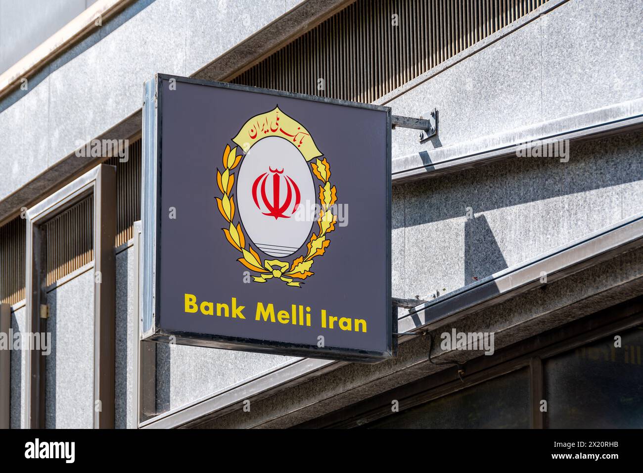 Sign and logo of Bank Melli Iran (Paris branch, France). Bank Melli