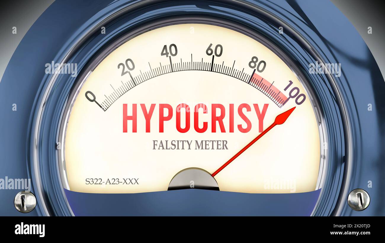 Hypocrisy and Falsity Meter that is hitting a full scale, showing a very high level of hypocrisy, overload of it, too much of it. Maximum value, off t Stock Photo