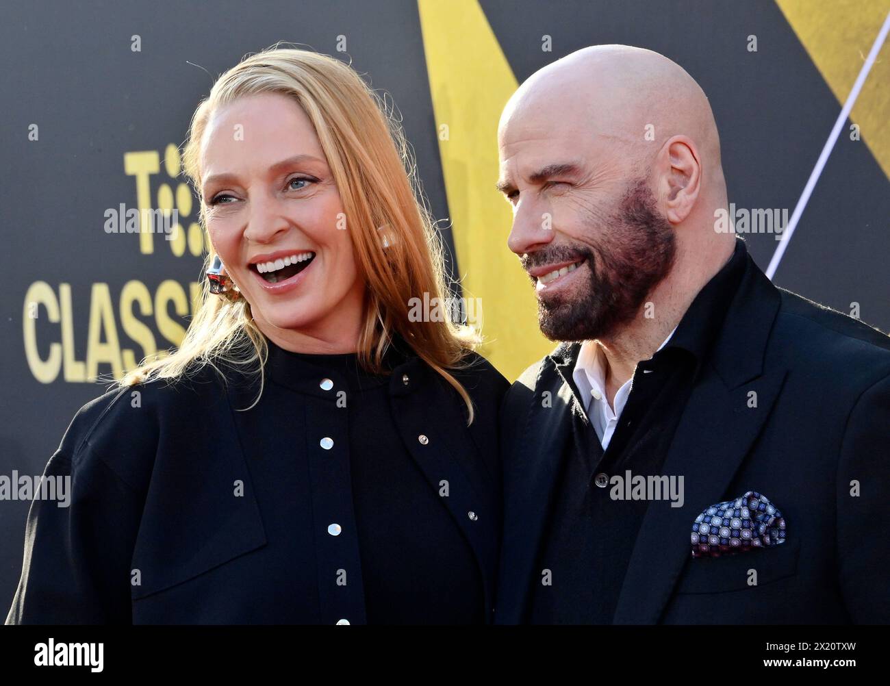 Los Angeles, United States. 18th Apr, 2024. Uma Thurman (L) and John Travolta attend the TCM Classic Film Festival opening night and 30th anniversary presentation of 'Pulp Fiction' at the TCL Chinese Theatre in the Hollywood section of Los Angeles on Thursday, April 18, 2024. Photo by Jim Ruymen/UPI Credit: UPI/Alamy Live News Stock Photo