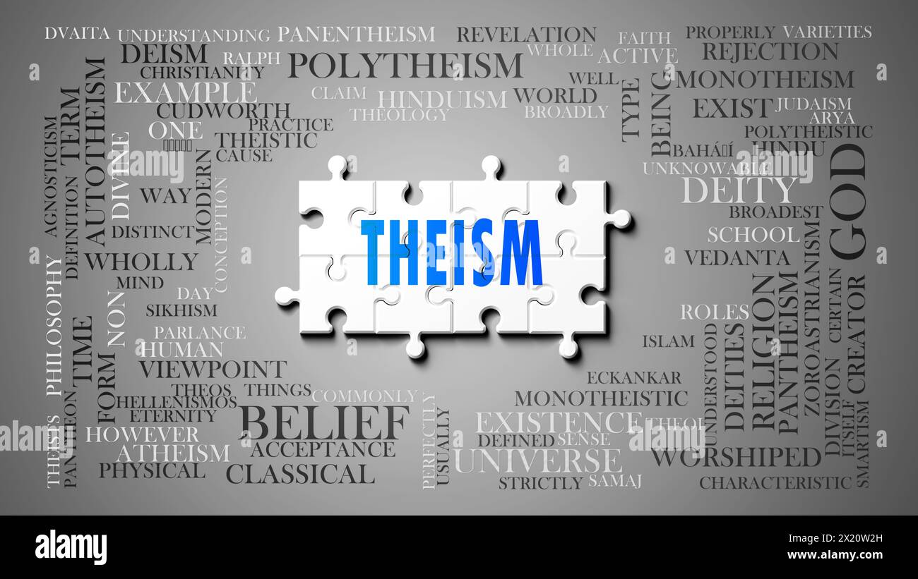 Theism as a complex subject, related to important topics. Pictured as a puzzle and a word cloud made of most important ideas and phrases related to th Stock Photo