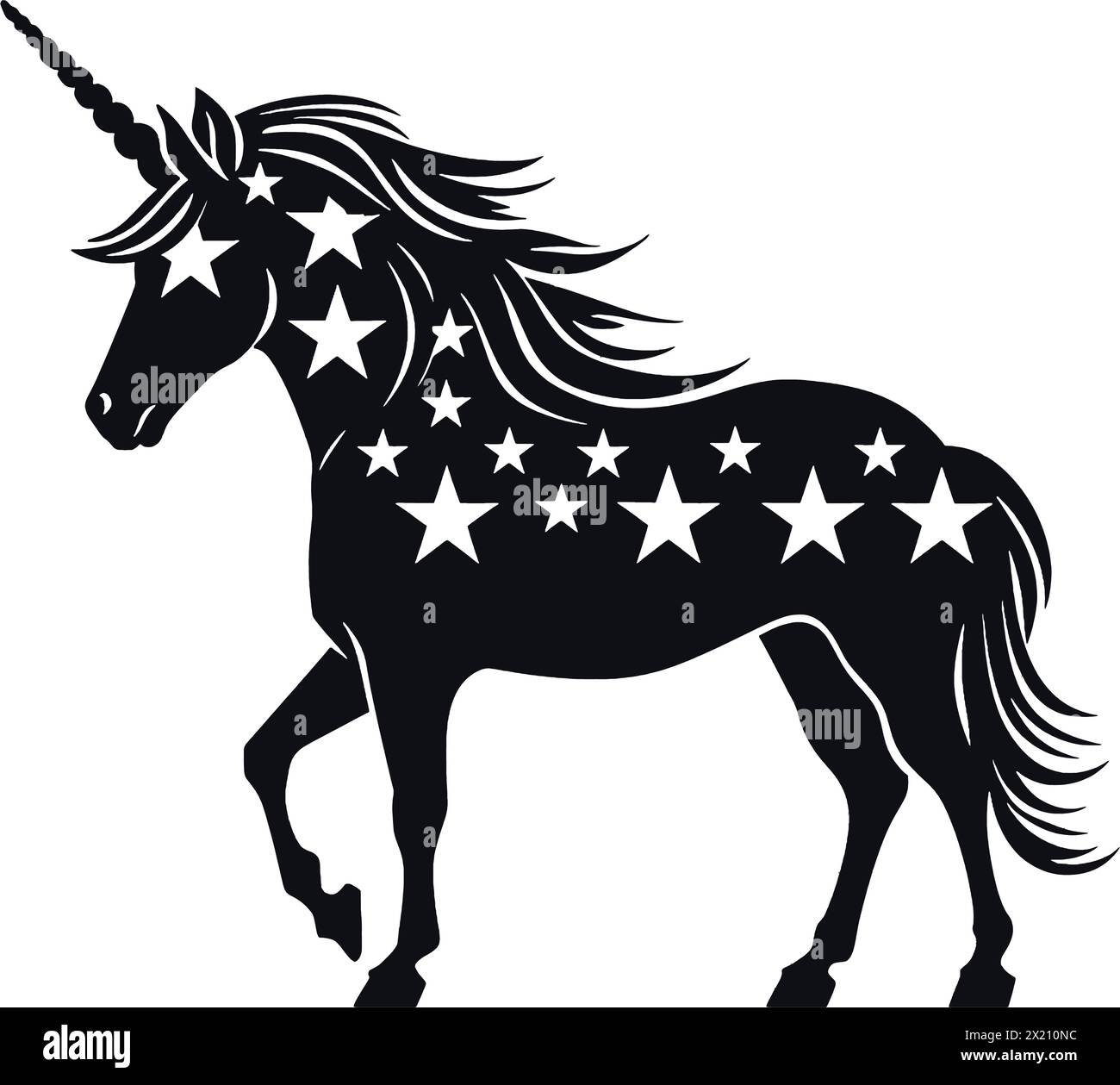 Vector illustration of a unicorn with stars in black silhouette against ...