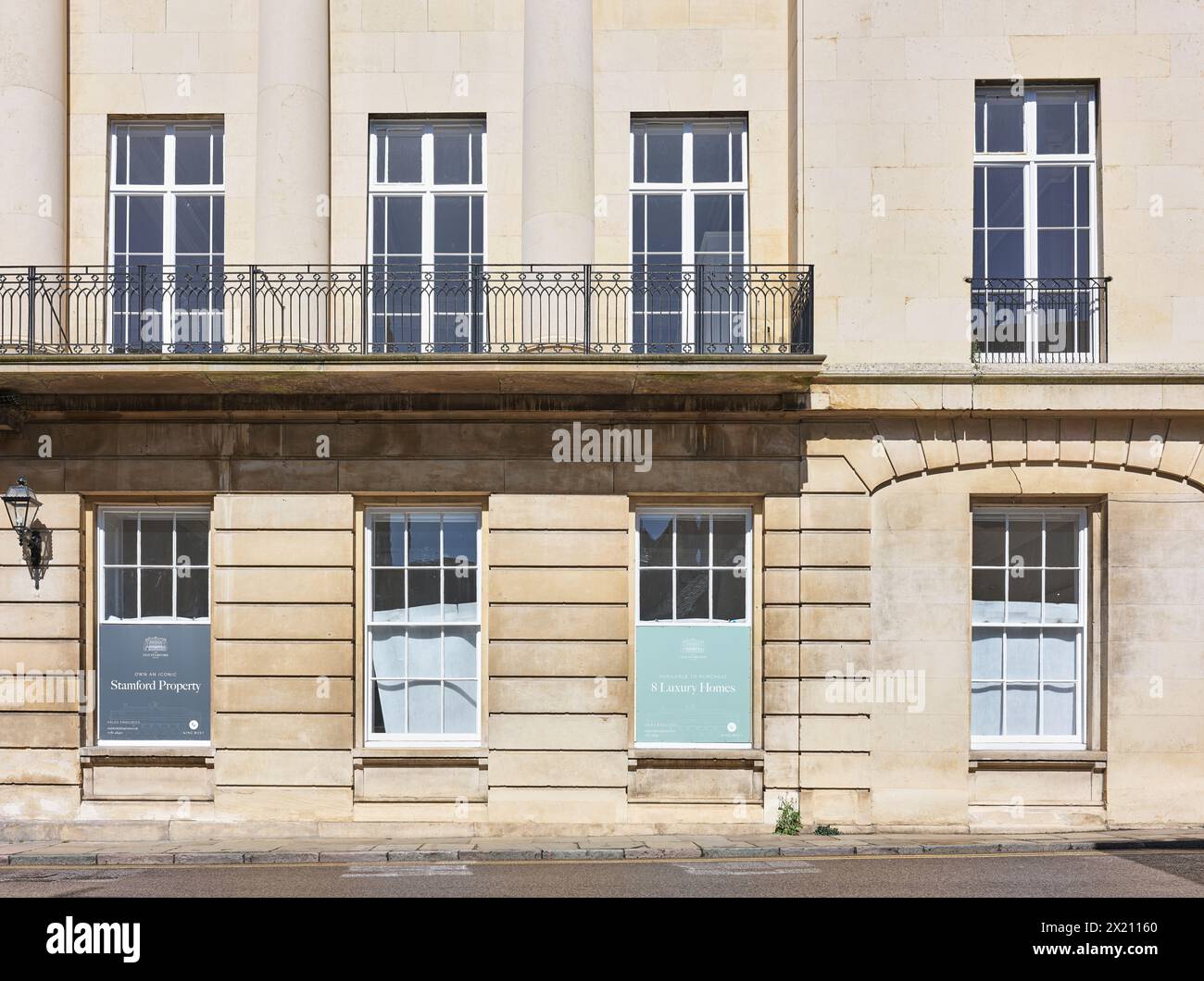 The former Stamford hotel, a neo-classical building, now luxury homes, for sale at Stamford, England, April 2024. Stock Photo