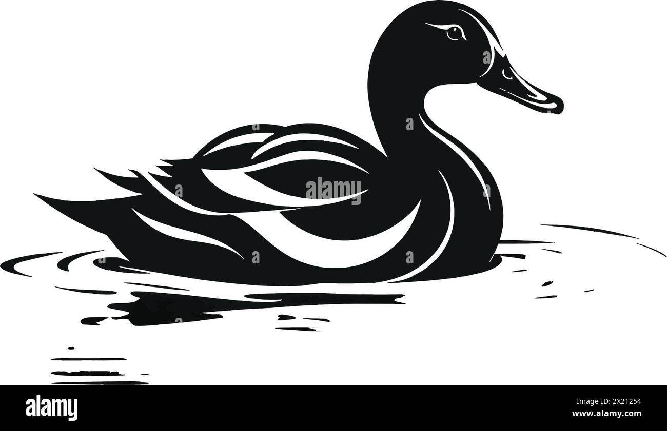 Vector illustration of a ducks in the water in black silhouette against a clean white background, capturing graceful forms of this vector. Stock Vector