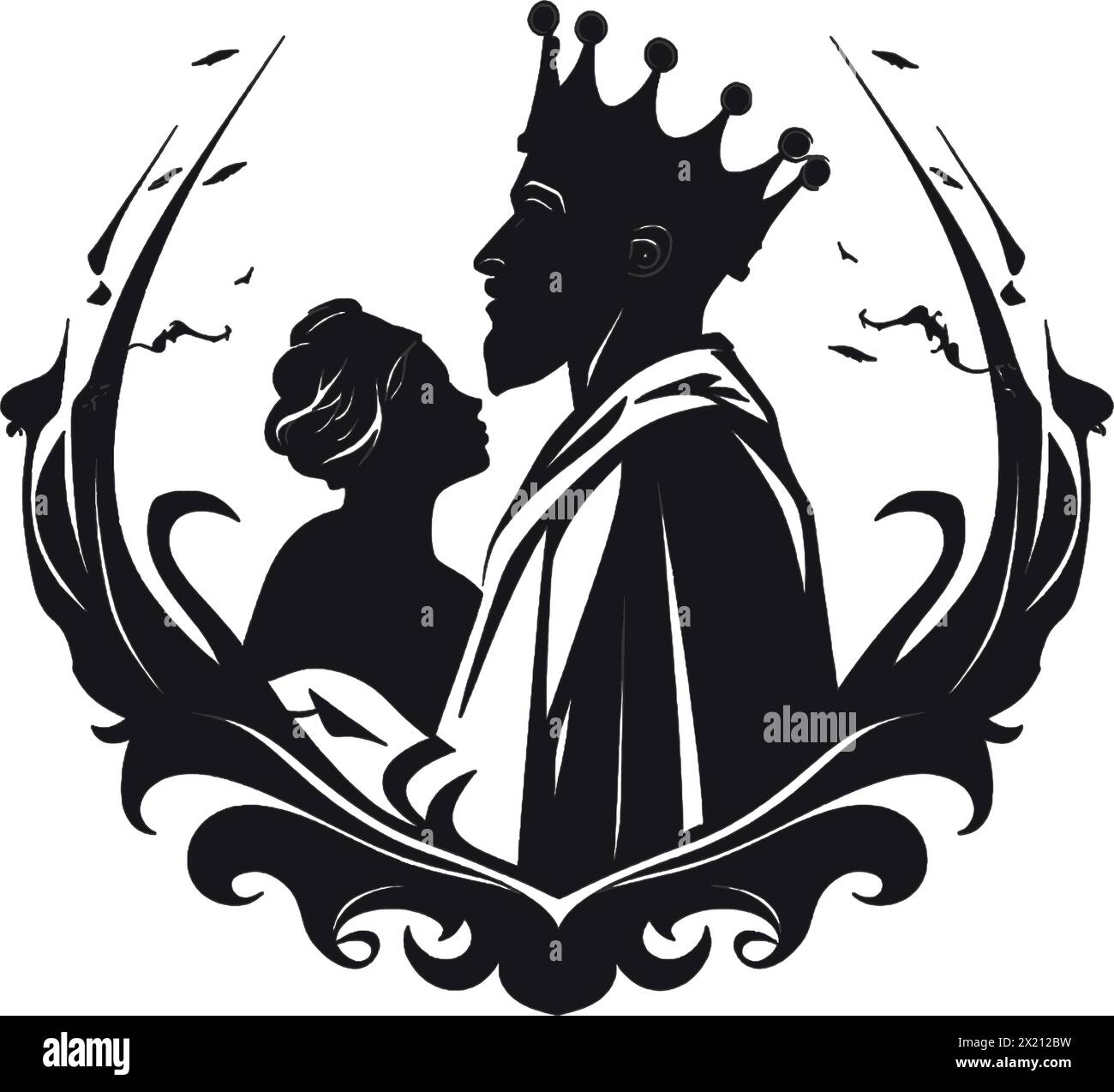 Vector illustration of a king in a crown with his wife in black silhouette against a clean white background, capturing graceful forms of this vector. Stock Vector