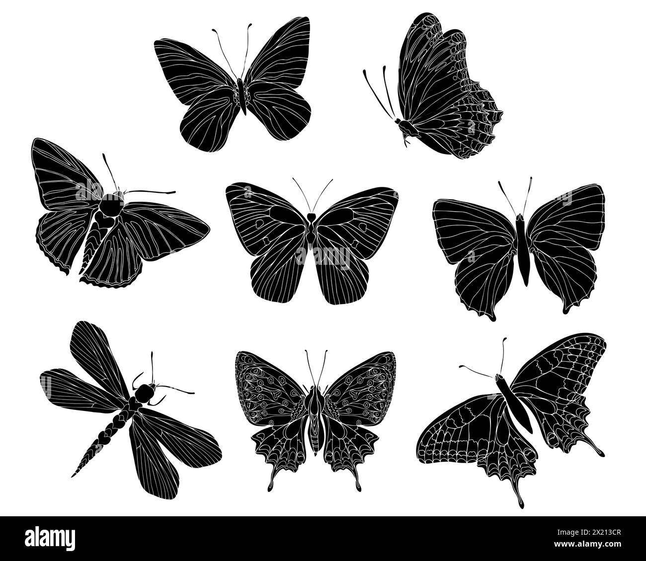 Butterfly black detailsilhouette art illustration set. Insect butterfly for stickers, tattoo, silhouette, scrapbook Winged gorgeous animal. Vector han Stock Vector
