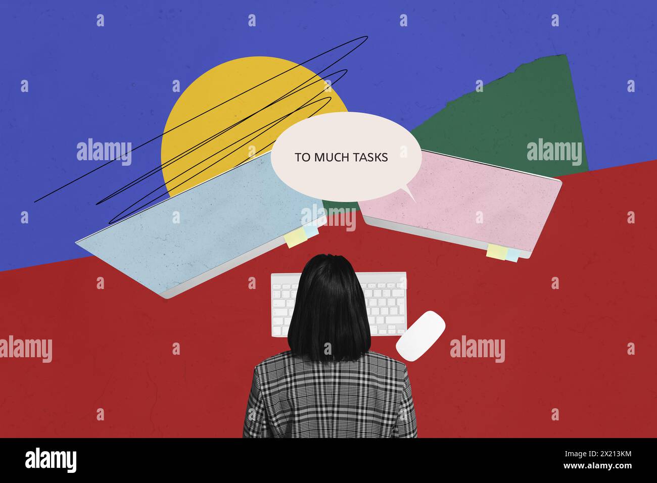 Composite photo collage of girl sit back crossed monitor notes memo ...