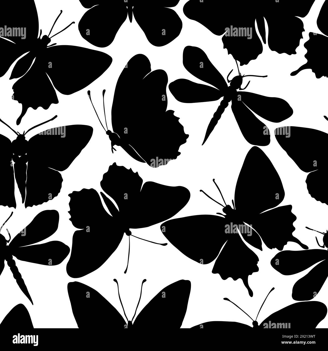 Butterflies silhouette vector seamless pattern background for textile, fabric, wallpaper, scrapbook. Insects with wings drawing for surface design. Stock Vector